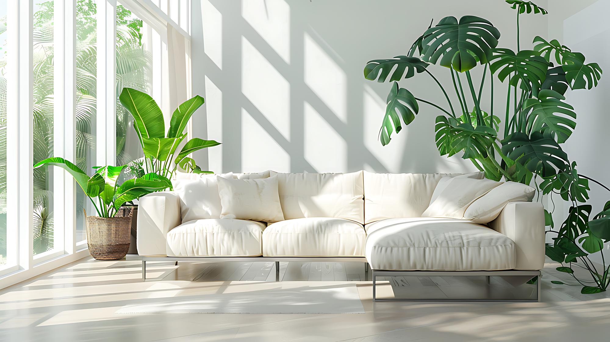 living modern cu lumină naturală și plantă